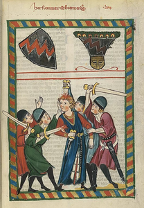 マネッセ写本 fol. 188r「ラインマル・フォン・ブレンネンベルクの最期」（ハイデルベルク大学図書館蔵）